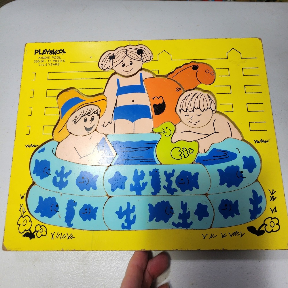 Vintage Playskool Kiddie Pool Wood Inlay Puzzle 330-36 17 Pieces Kids Toy